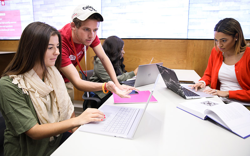 Students sitting around a table working on laptops