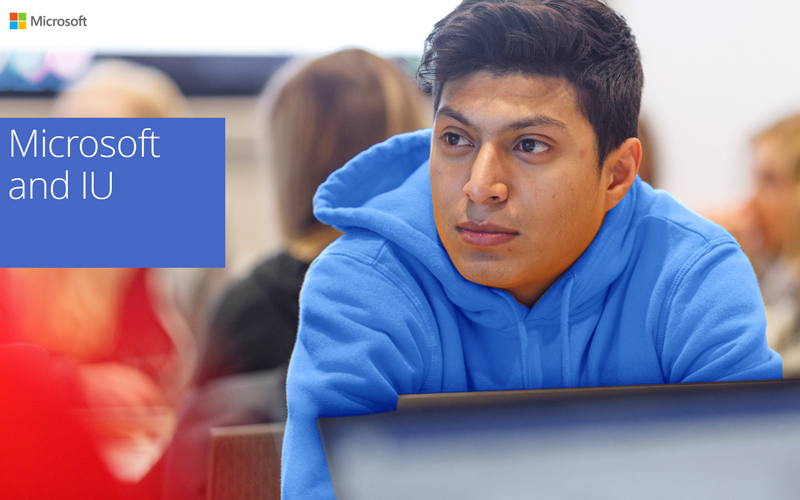 IU student in a classroom and text overlay that reads "Microsoft and IU"